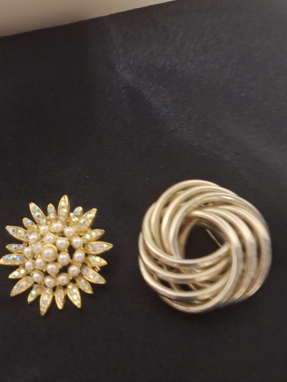 Gold-Tone Pearl Sunburst Brooch and Interlocking  Silver Ring Brooch ( Two)